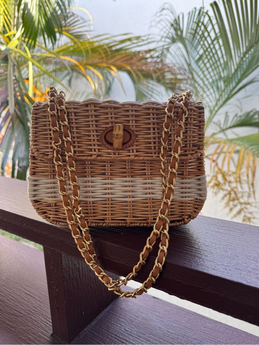 J. McLaughlin Woven Straw Crossbody in Natural and Cream with Gold Chain